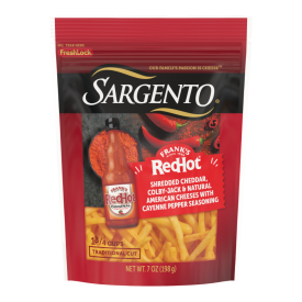 Sargento® Frank’s RedHot® Natural Cheddar, Colby Jack, and American Shredded Cheese with Cayenne Pepper Seasoning, Traditional Cut, 7 oz.