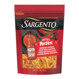 Sargento® Frank’s RedHot® Natural Cheddar, Colby Jack, and American Shredded Cheese with Cayenne Pepper Seasoning, Traditional Cut, 7 oz.