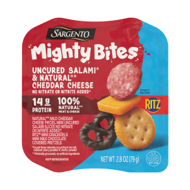 Sargento Mighty Bites™ Uncured Salami, Natural Mild Cheddar Cheese, RITZ® Mini Crackers, & Milk Chocolate Covered Pretzels Snack Kit, 2.8 oz