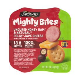 Sargento Mighty Bites™ Uncured Honey Ham, Natural Colby-Jack Cheese, RITZ® Mini Crackers, Cocoa Covered Pretzel Balls Snack Kit, 2.8 oz